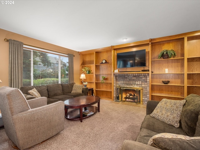 living room with carpet flooring and a brick fireplace