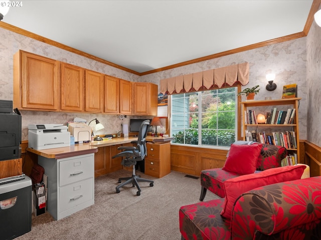 office space featuring light carpet and ornamental molding