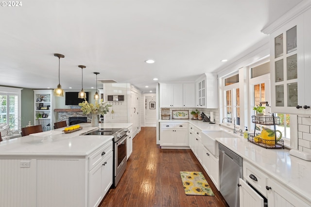 kitchen with a fireplace, white cabinetry, a wealth of natural light, and stainless steel appliances