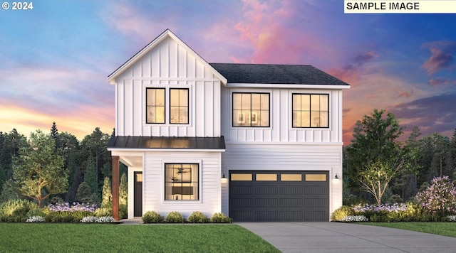 modern farmhouse with a lawn, driveway, a standing seam roof, board and batten siding, and an attached garage