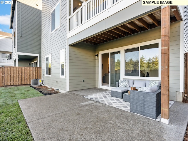 view of patio featuring a balcony, outdoor lounge area, and central air condition unit