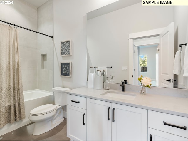 full bath featuring toilet, vanity, and shower / tub combo