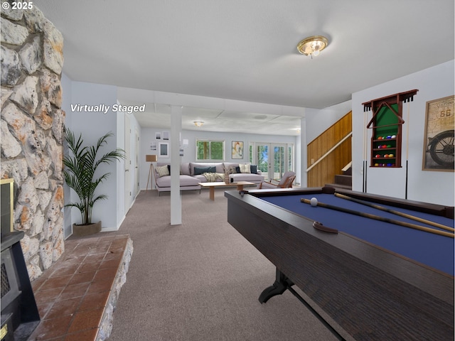 recreation room featuring carpet flooring and billiards
