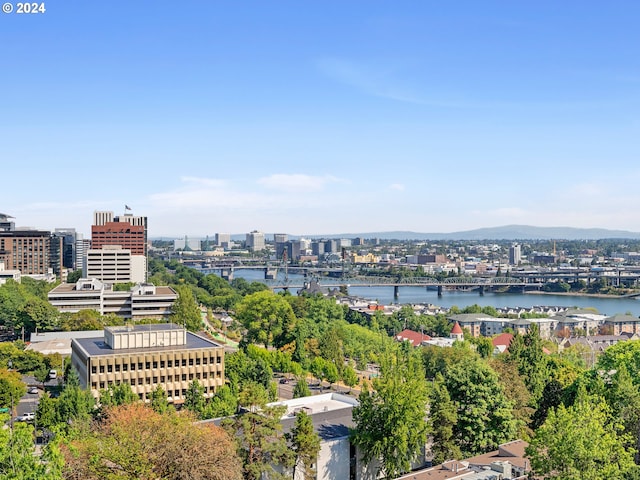 aerial view featuring a water view and a city view