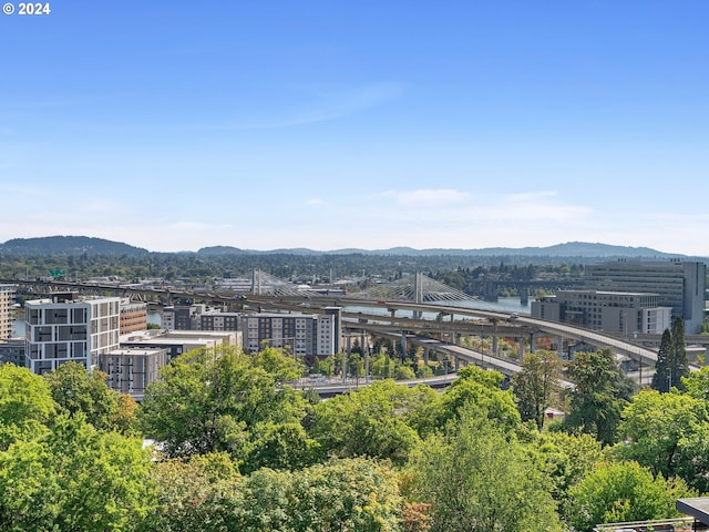 view of mountain feature featuring a water view and a city view