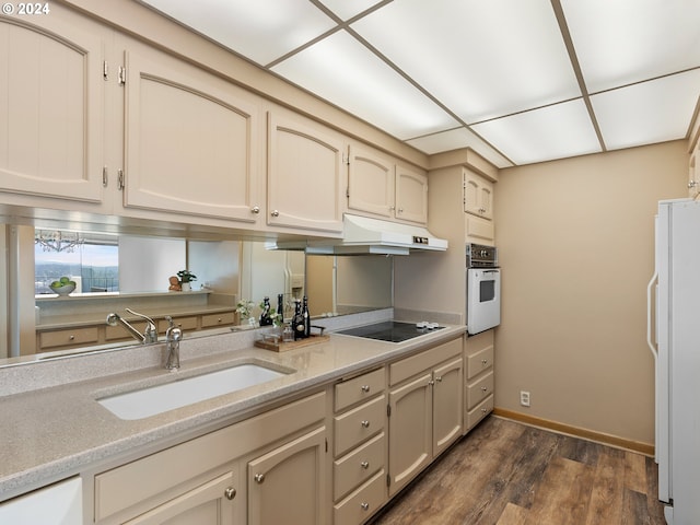 kitchen with under cabinet range hood, white appliances, dark wood-type flooring, a sink, and light countertops