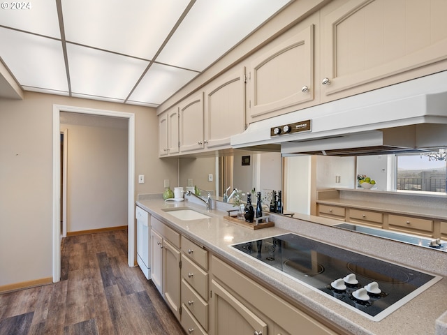 kitchen with dark wood finished floors, light countertops, a sink, dishwasher, and black electric cooktop