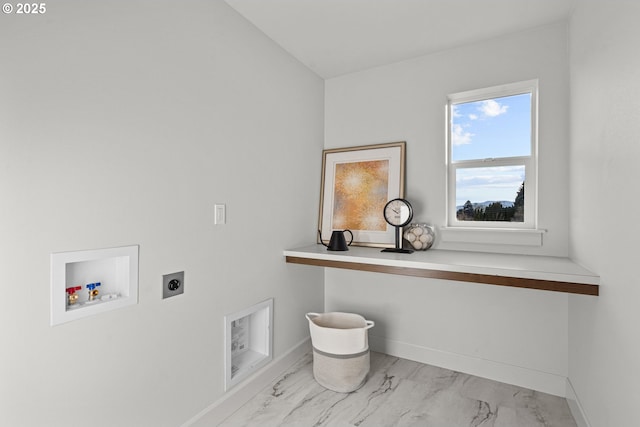 clothes washing area with hookup for a washing machine, heating unit, and electric dryer hookup