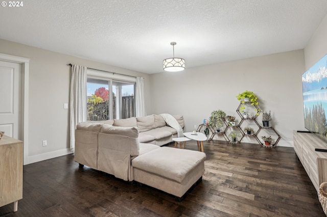 living room with a textured ceiling and dark wood-type flooring