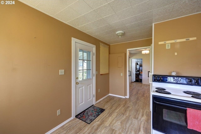 kitchen featuring light hardwood / wood-style flooring and white electric stove