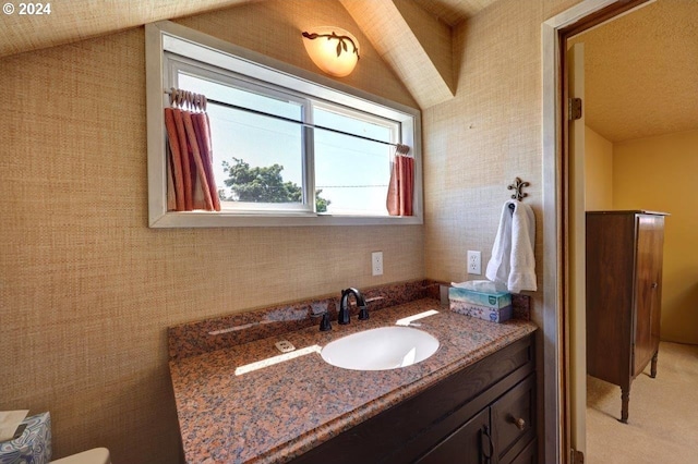 bathroom with lofted ceiling and vanity