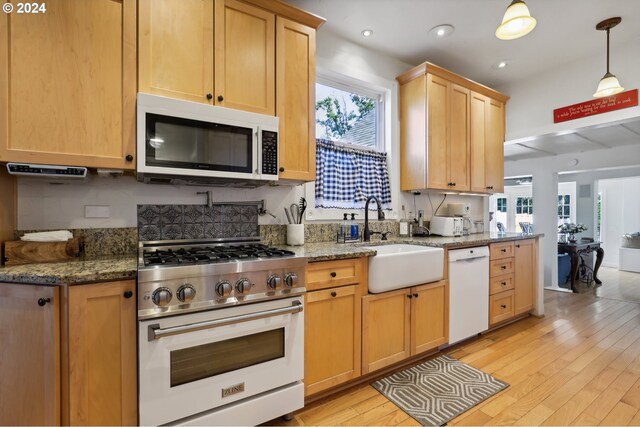 kitchen with designer stove, a healthy amount of sunlight, dishwasher, and stone counters