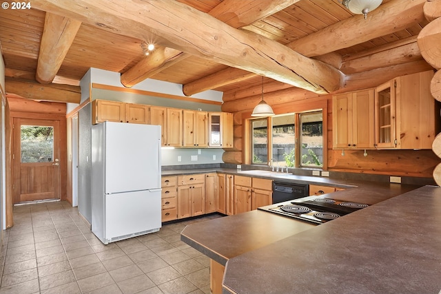 kitchen featuring beamed ceiling, white fridge, decorative light fixtures, light brown cabinetry, and log walls