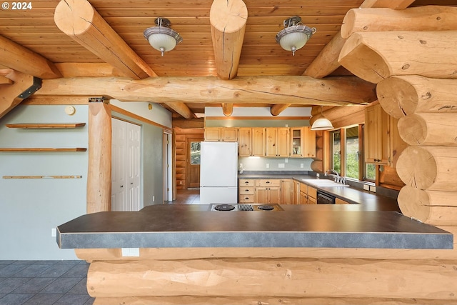 kitchen with glass insert cabinets, freestanding refrigerator, log walls, light brown cabinets, and a sink