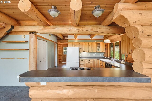 bonus room featuring ceiling fan, vaulted ceiling with beams, wooden ceiling, and carpet floors