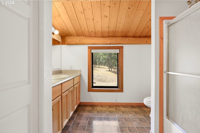 bathroom with wooden ceiling, baseboards, vanity, and toilet