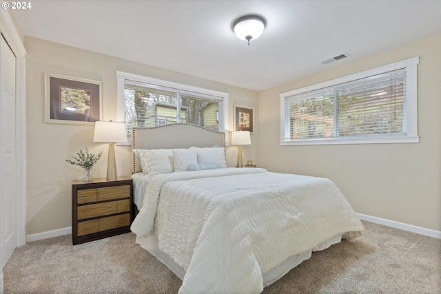 bedroom featuring multiple windows and light colored carpet