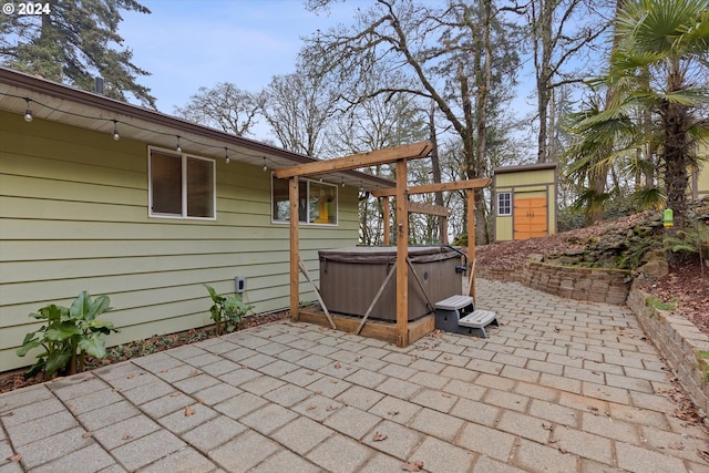 view of patio featuring a hot tub