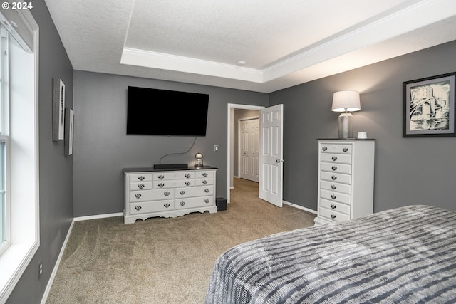 carpeted bedroom featuring a raised ceiling, a textured ceiling, and ornamental molding