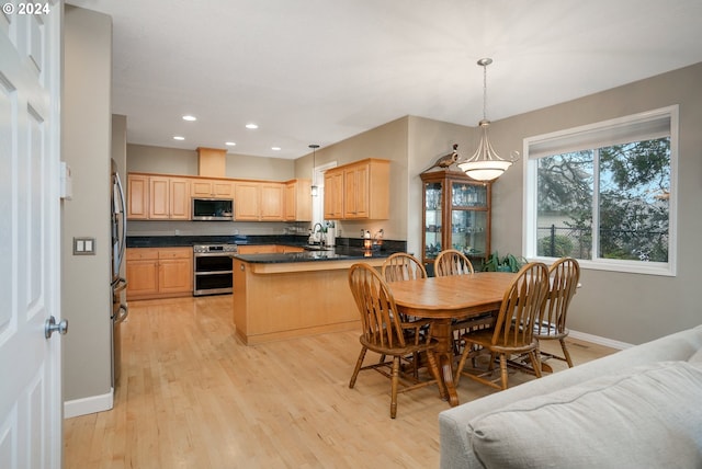 dining space with sink and light hardwood / wood-style flooring