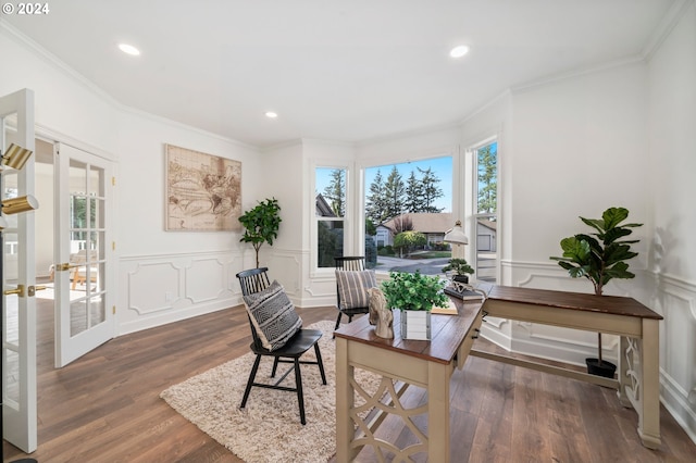 office area with crown molding, dark wood-type flooring, and french doors