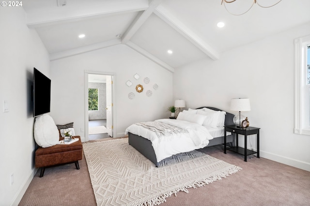 carpeted bedroom featuring vaulted ceiling with beams