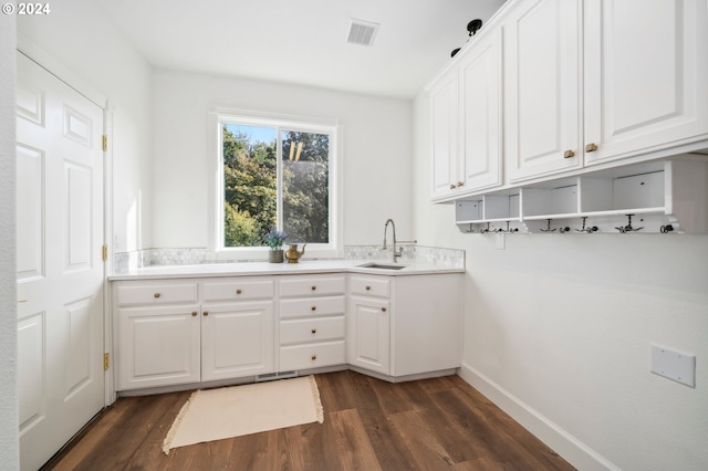 laundry area featuring sink and dark hardwood / wood-style floors