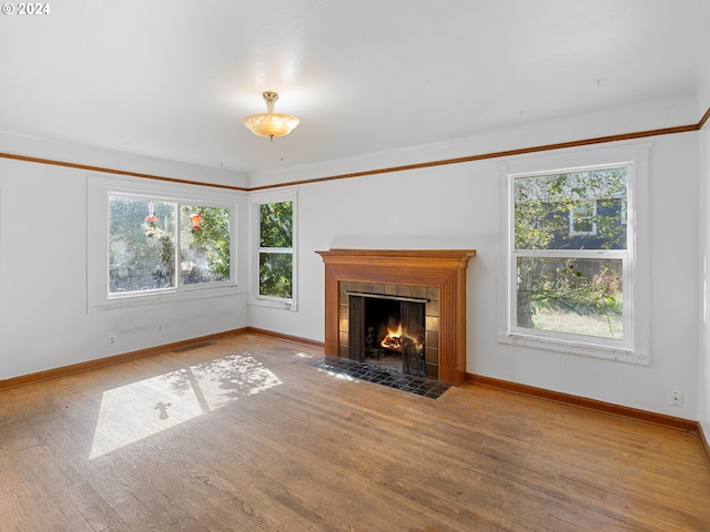 unfurnished living room with a fireplace, hardwood / wood-style floors, and a healthy amount of sunlight