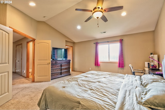 carpeted bedroom with ceiling fan and lofted ceiling