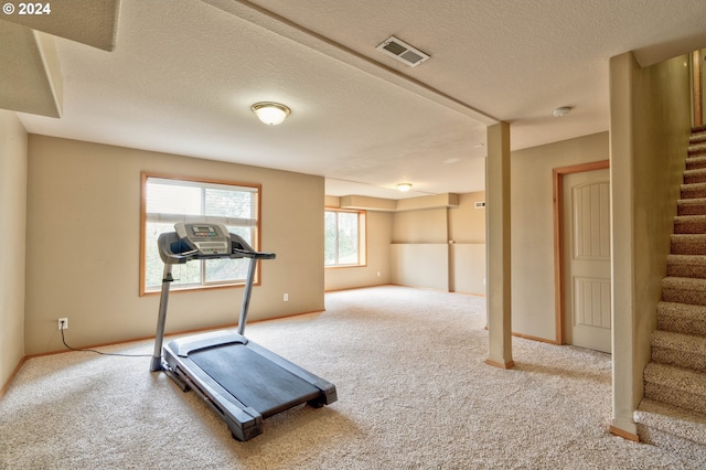 workout area with a textured ceiling and carpet