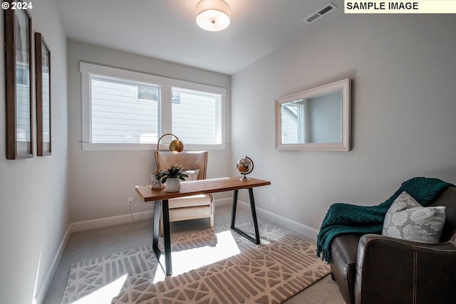 office with carpet flooring, visible vents, and baseboards