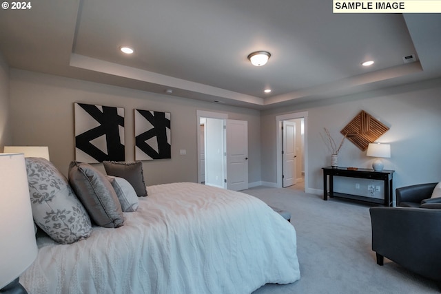 bedroom featuring baseboards, a raised ceiling, carpet flooring, and recessed lighting