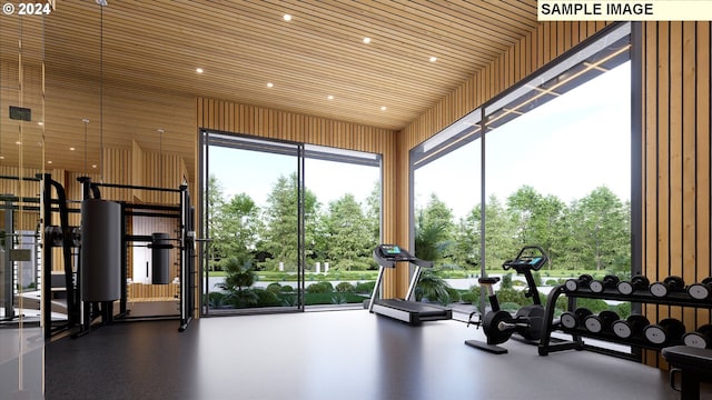 exercise room featuring wood ceiling