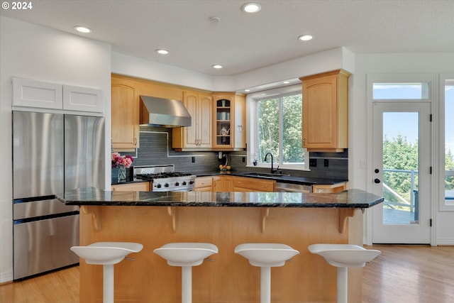 kitchen featuring wall chimney range hood, decorative backsplash, dark stone countertops, light hardwood / wood-style floors, and appliances with stainless steel finishes