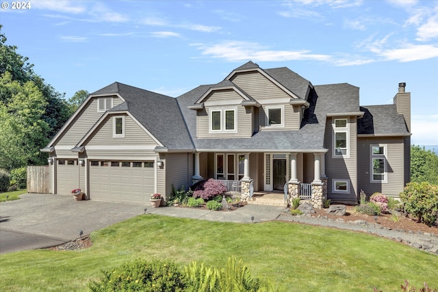 view of front of house with a garage, covered porch, and a front lawn