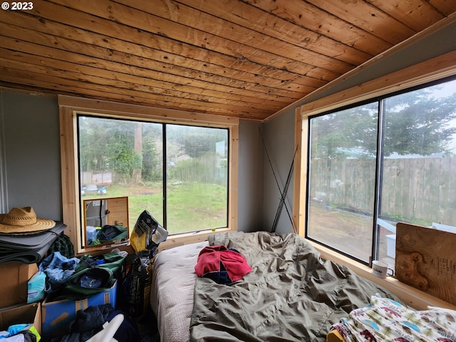 bedroom with wood ceiling and lofted ceiling