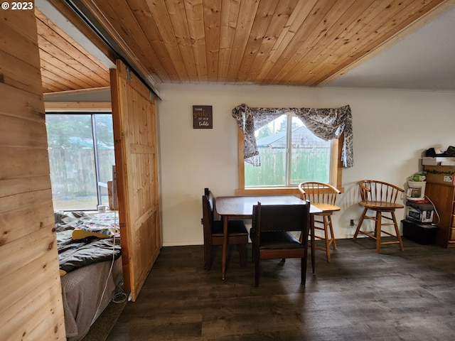 dining room featuring wood walls, dark hardwood / wood-style flooring, and wooden ceiling