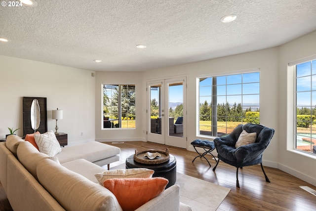 living room with a textured ceiling, french doors, and hardwood / wood-style floors