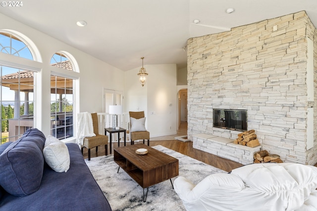 living room featuring a stone fireplace and wood-type flooring