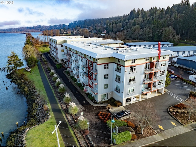 drone / aerial view with a water view