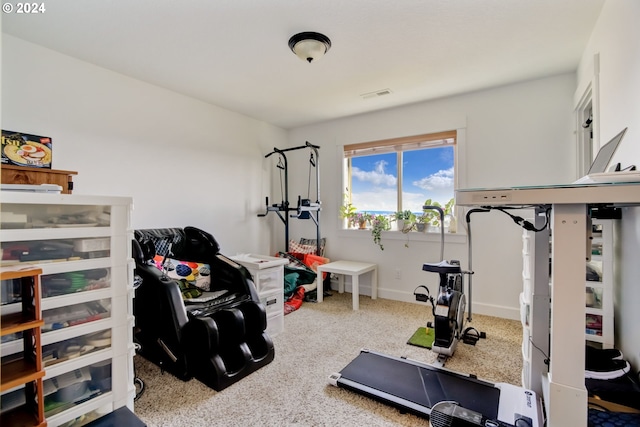 exercise room with light colored carpet