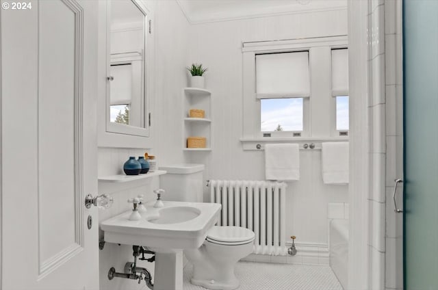 1816 SW Hawthorne Ter, Portland, OR 97201 - bathroom with radiator, toilet, a shower, built in shelves, and a bathtub
