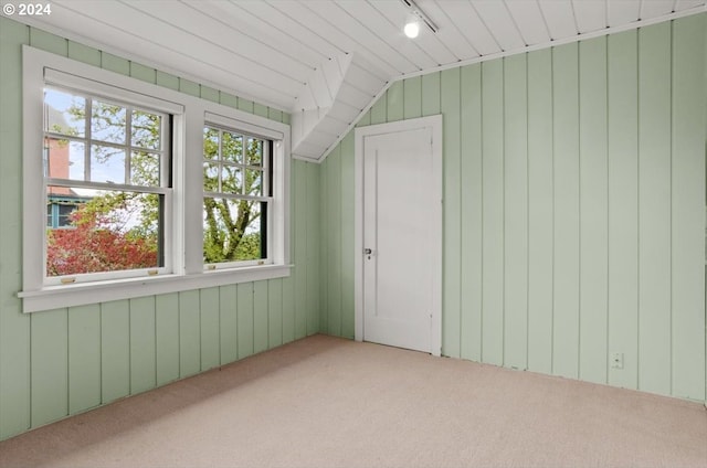 bonus room with lofted ceiling, wood walls, wooden ceiling, and light carpet