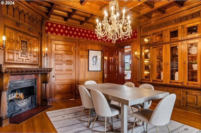 dining space with coffered ceiling, wood walls, a premium fireplace, and wood finished floors