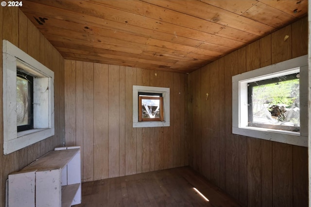 interior space featuring wooden walls, wood ceiling, and hardwood / wood-style flooring