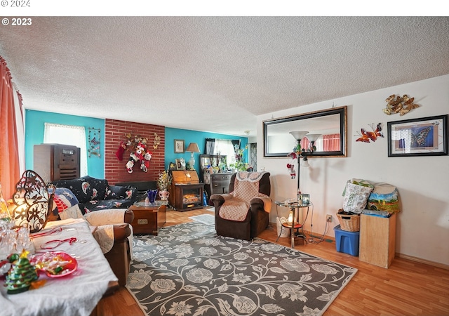 living room with a textured ceiling and hardwood / wood-style flooring