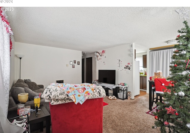 9630 SE Foster Rd, Portland, OR 97266 - carpeted living room featuring a textured ceiling