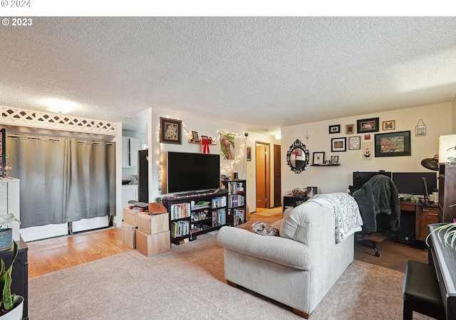 living room with light wood-type flooring and a textured ceiling