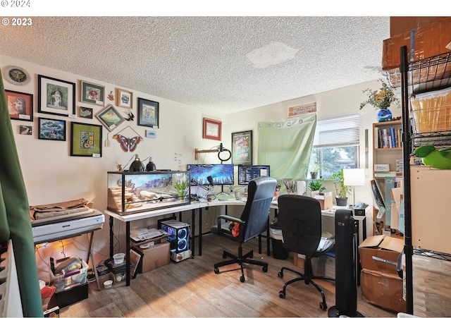 office space with hardwood / wood-style flooring and a textured ceiling