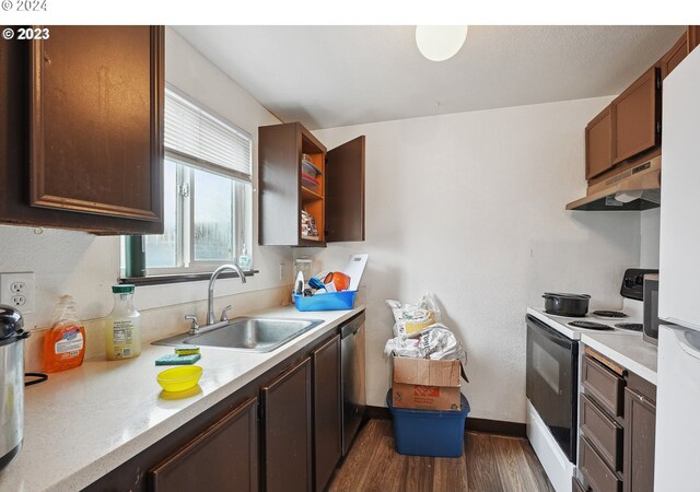 9630 SE Foster Rd, Portland, OR 97266 - kitchen featuring electric range, a sink, under cabinet range hood, stainless steel dishwasher, and dark wood-type flooring